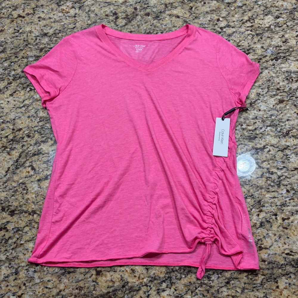 NEW Calvin Klein Performance Pink Ruched Side V-Neck T-Shirt XL ws